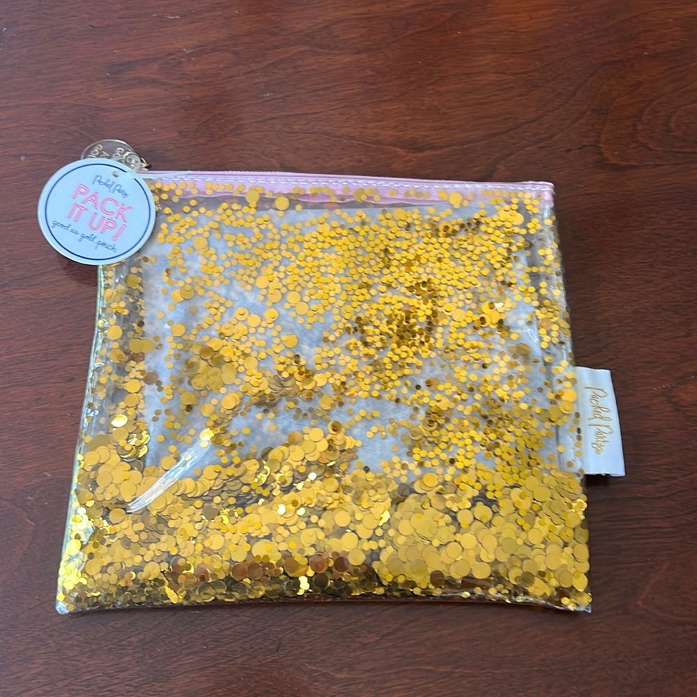 Packed Party glitter filled pouch w zipper. NWT.